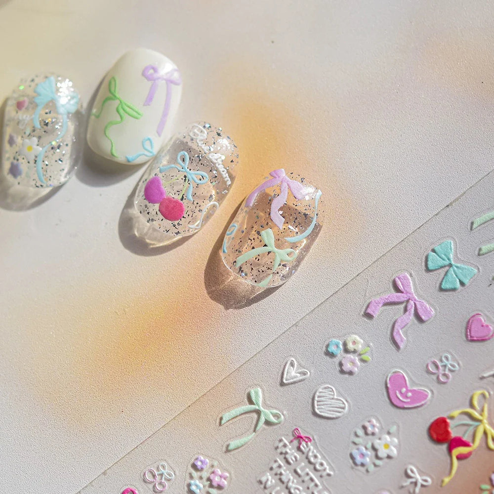 Doodle Pink Blue Ribbon Bowknot Flower Cherry Strawberry Graffiti Love Heart Delicate Embossed Nail Art Sticker Manicure Decals (ONLINE ORDER ONLY)