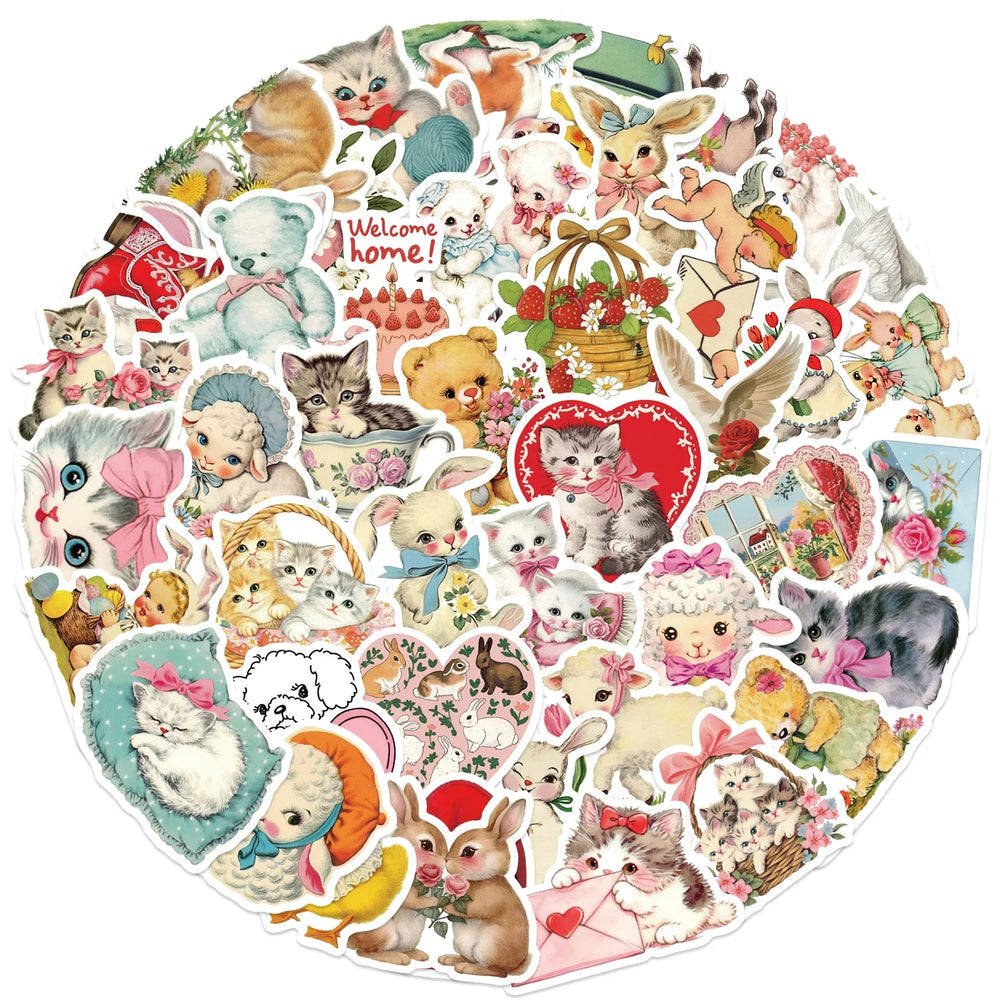 50Pcs Vintage Animals Clipart Animal Cartoon Stickers DIY Scrapbooking Guitar Snowboard Motorcycle Luggage Toy Sticker (ONLINE ORDER ONLY)