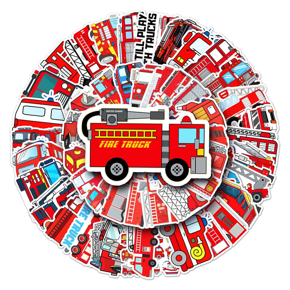 50Pcs Fire Truck Cartoon Waterproof Vinyl Stickers for Skateboard Snowboard (Online Order Only)