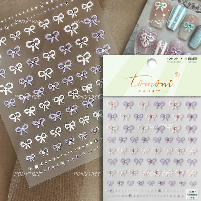 Purple Gold Silver Bowknot Cherry Fruit Cute Ribbon Tie Line Delicate 3D Adhesive Nail Art Stickers Manicure Decals Wholesale (Online Order Only)