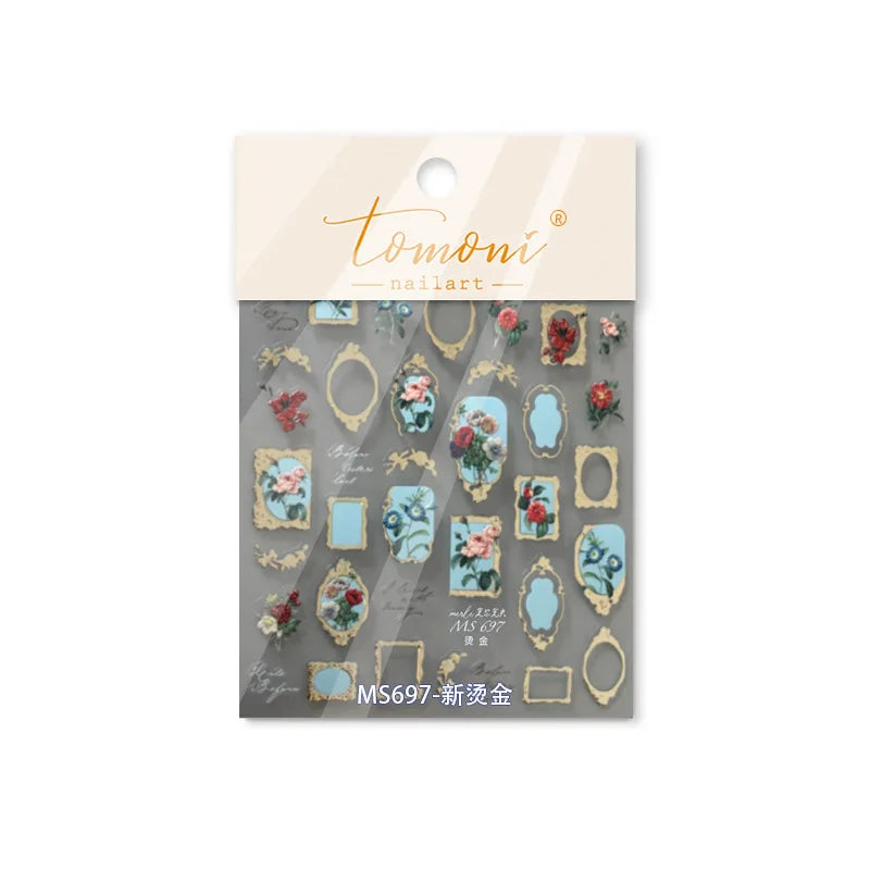 Retro Rose Gold Photo Frame Dried Flower Delicate Totem 3D Self Adhesive Nail Art Stickers 5D Shiny Rhinestone Manicure Decals (ONLINE ORDER ONLY)