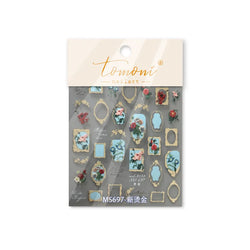 Retro Rose Gold Photo Frame Dried Flower Delicate Totem 3D Self Adhesive Nail Art Stickers 5D Shiny Rhinestone Manicure Decals (ONLINE ORDER ONLY)
