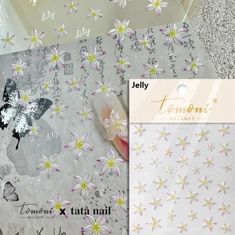 Charming Dreamy Shiny Jelly Blue Gradient Lily Flowers Rose Petal White Dot Chinese Colorful Nail Art Stickers Manicure Decals (ONLINE ORDER ONLY)