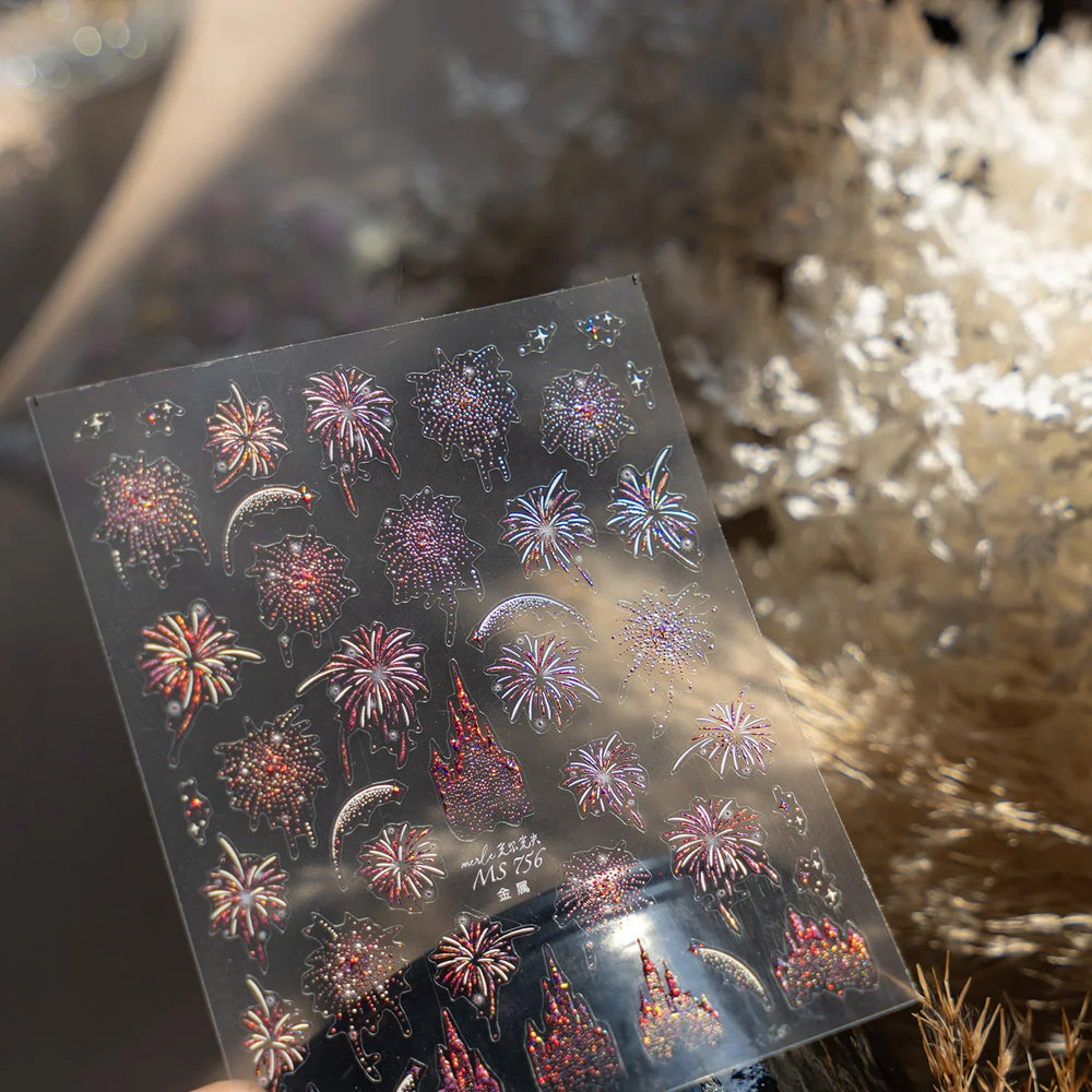 Colorful Fireworks Blooming Castle Romantic Brilliant Sky Self Adhesive Nail Art Stickers Star Shiny Rhinestone Manicure Decals (Online Order Only)