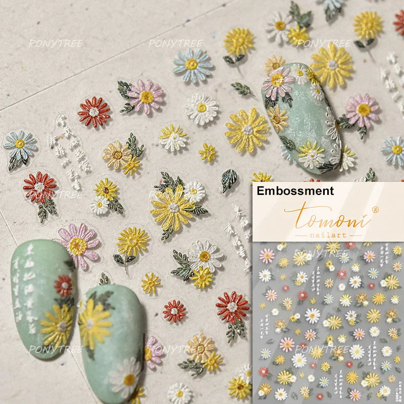 White Daisy Sunflower Green Leaves Wreath Garland Flower Cluster Bouquet Flat Adhesive Nail Art Sticker Manicure Decals Supplies (Online Order Only)