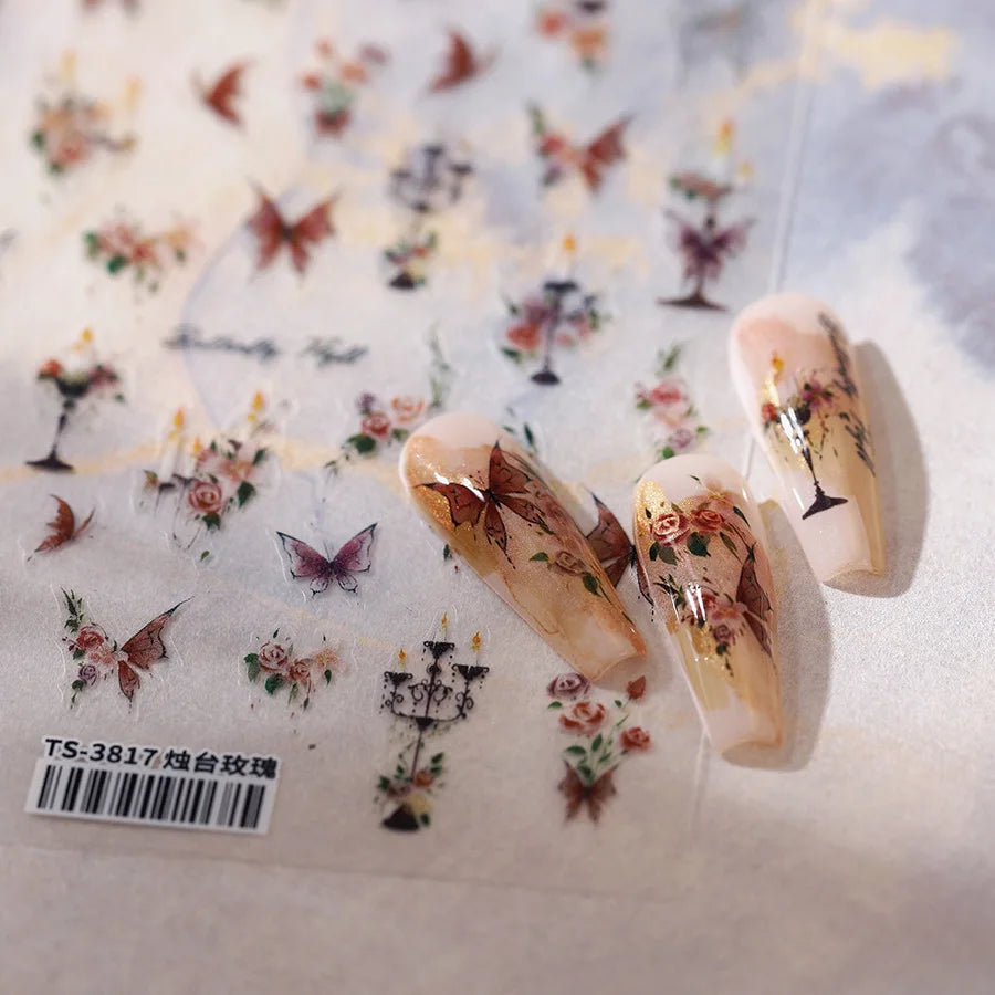 Charming Butterfly Candle Holder Candlestick Chic Rose Flower Romantic Self Adhesive Nail Art Stickers Rhinestone Manicure Decal (ONLINE ORDER ONLY)