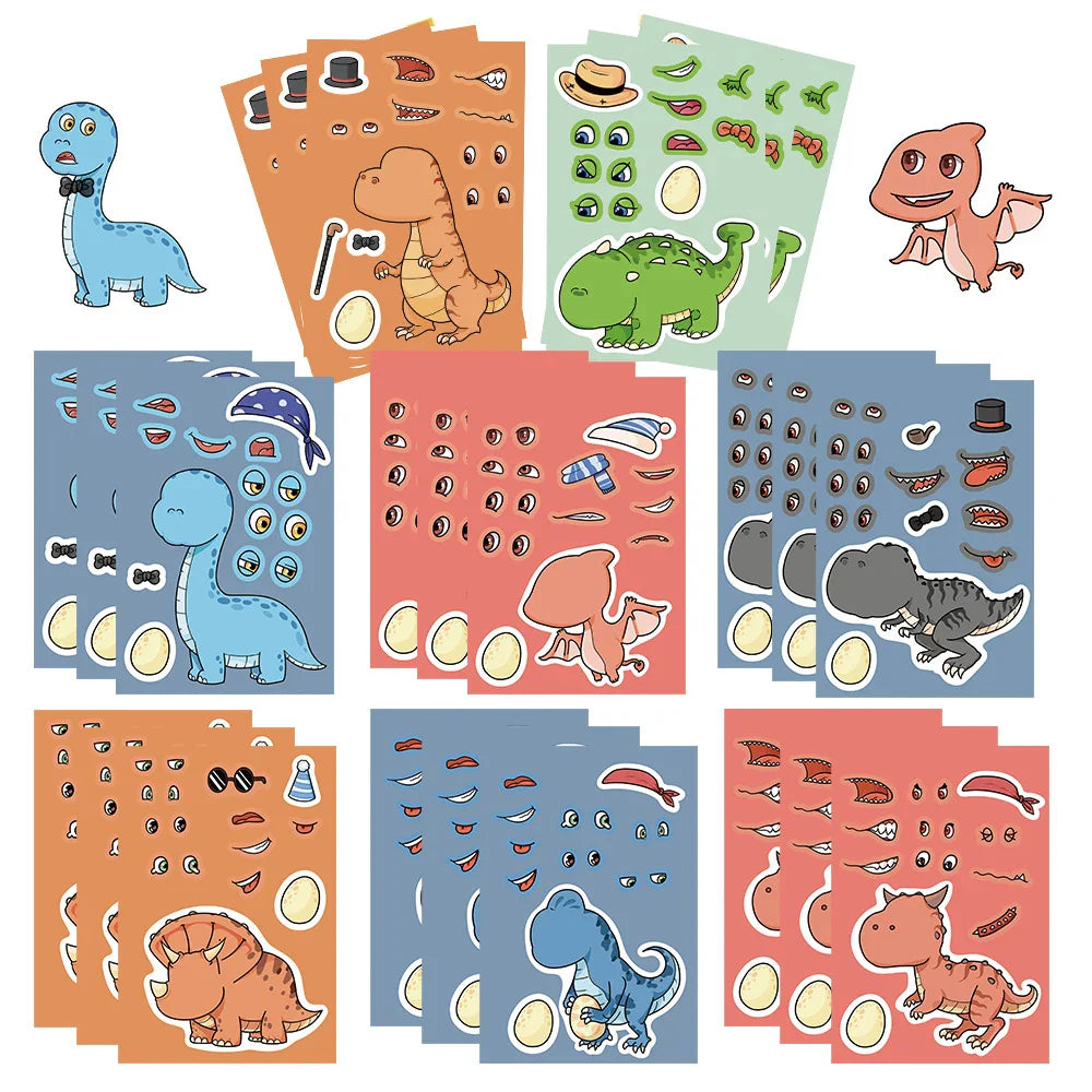 8/16Sheets Cute Dinosaur Puzzle Stickers Make-a-Face Games Toy Create Your Own DIY Funny Cartonn Assemble Jigsaw Children Gift (ONLINE ORDER ONLY)