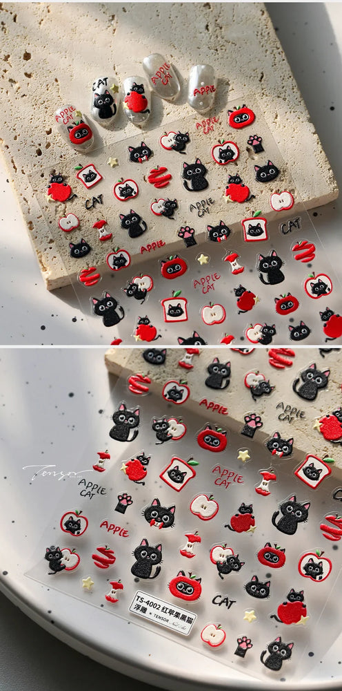 Cute Lovely Red Apple Core Black Kitten Cat's Paw Bread Slices Fruit Star Soft Relief Adhesive Nail Art Sticker Manicure Decals (ONLINE ORDER ONLY)