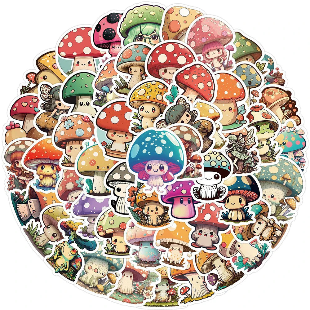 Cartoon Mushroom Stickers 10/30/50pcs for Laptop, Suitcase, DIY, Kids Toys (Online Order Only)
