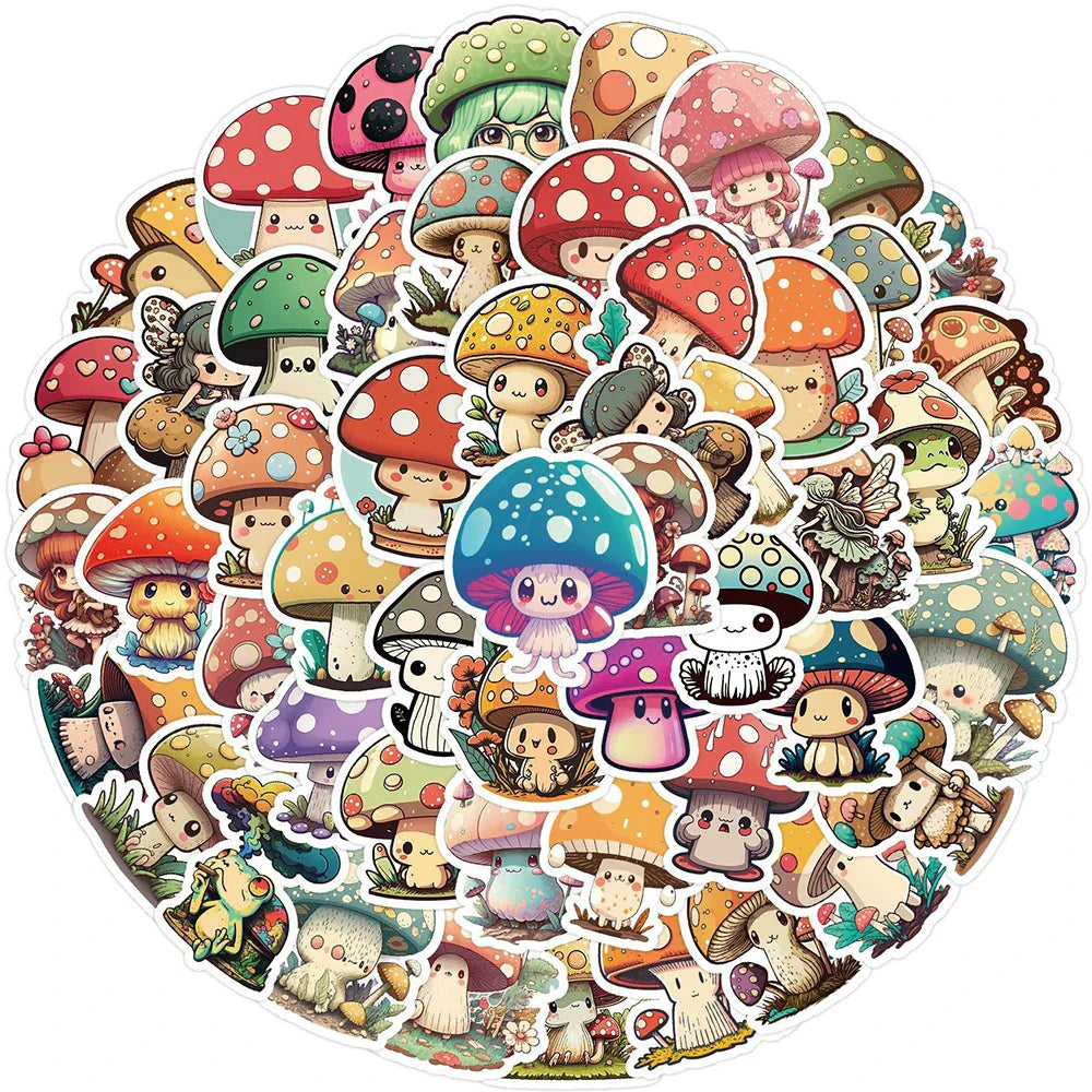 Cartoon Mushroom Stickers 10/30/50pcs for Laptop, Suitcase, DIY, Kids Toys (Online Order Only)