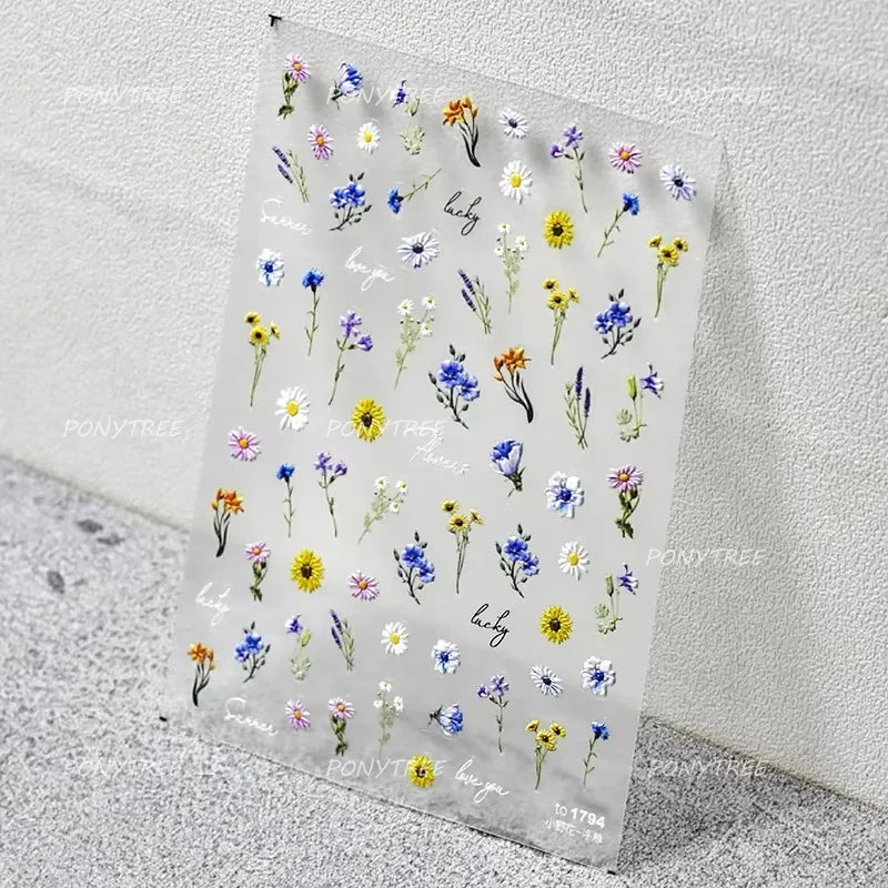 Wild Flower Oil Painting Small Variegated Daisy Peach Blossom Lavender Spring Petal Adhesive Nail Art Stickers Manicure Decals (Online Order Only)