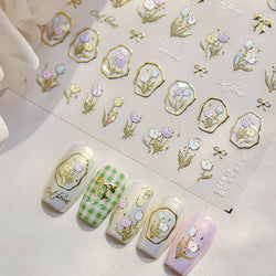 Golden Border Tulip Bloom Flower Bowknot Geometric Frame Metal Workmanship Charming Adhesive Nail Art Sticker Manicure Decals (ONLINE ORDER ONLY)
