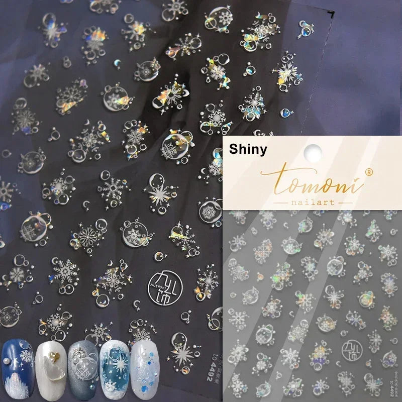 Dressy Embossment Colorful Gradient Snowflakes Laser Silver Christmas Tree Winter Bowknot Santa Nail Art Stickers Manicure Decal (Online Order Only)