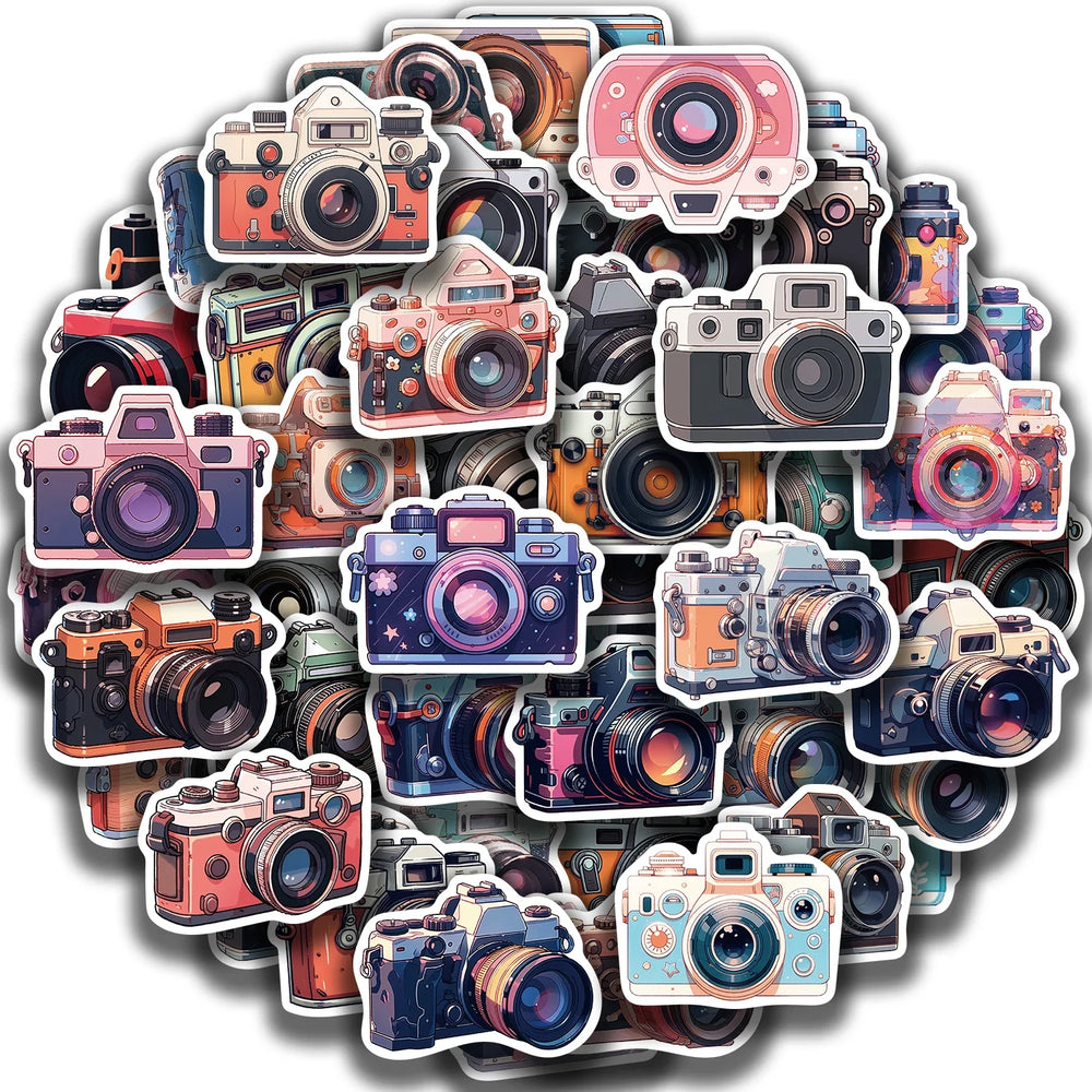 50Pcs Retro Cartoon Camera Photographer Stickers Aesthetic DIY Scrapbook Phone Case Travel Luggage Skateboard Cool Sticker (ONLINE ORDER ONLY)