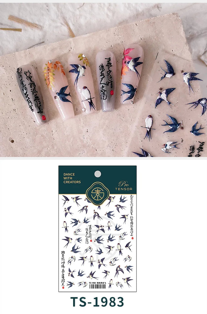 Swallow Bird Insect Animal Phoenix Peacock Dove 3D Self Adhesive Nail Art Stickers Chinese Ancient Poetry Manicure 5D DIY Decals (ONLINE ORDER ONLY)