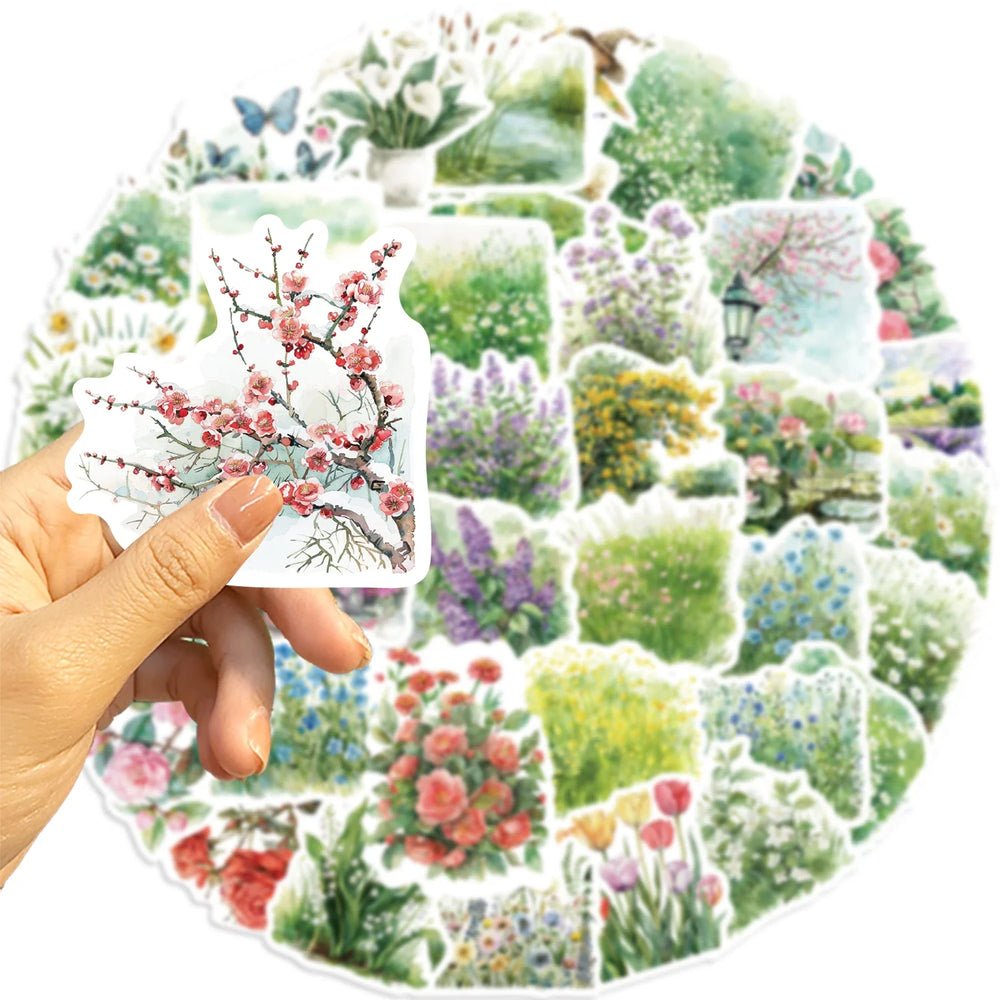50pcs Watercolor Summer Flower Stickers Laptop Suitcase Graffiti Skateboard Luggage Waterproof PVC Stickers Kids Gift Toys (Online Order Only)
