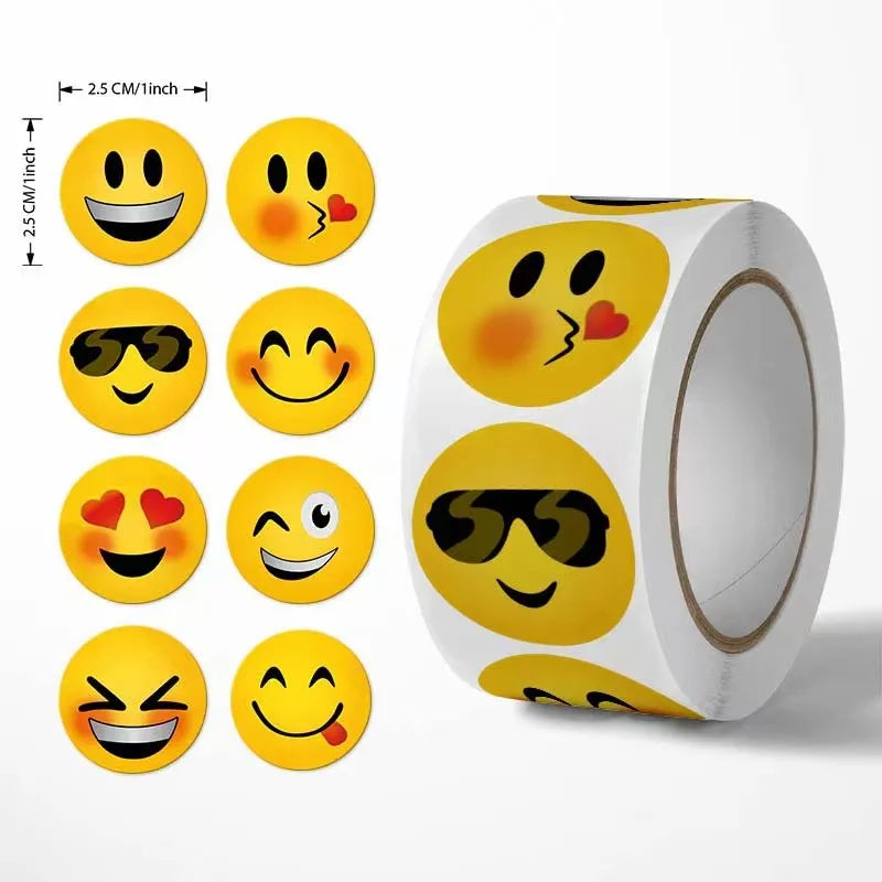 500Pcs/Roll Cartoon Funny Smile Face Expression Reward Stickers 8 Designs 2.5cm/1.0in Round For PC Pad Fridge Gift Diy Decor (ONLINE ORDER ONLY)