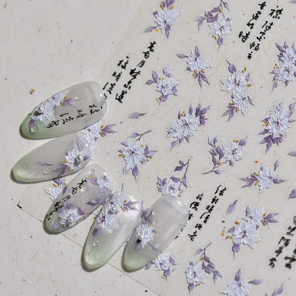 Trumpet Creeper White Flower Purple Leaves Antique Special Characters 5D Soft Relief Adhesive Nail Art Stickers Manicure Decals (ONLINE ORDER ONLY)