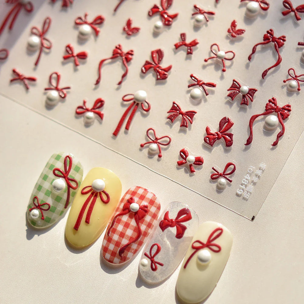 Simple Line Bowknot Red Gold Silver Laser Pink Hot Stamping 3D Self Adhesive Nail Art Stickers Pearl Rhinestone Manicure Decals (ONLINE ORDER ONLY)