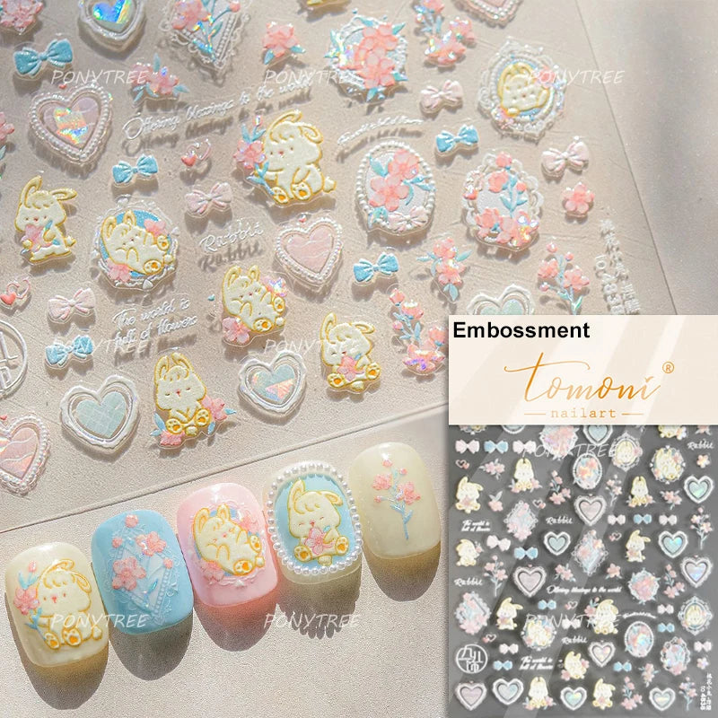 Cat Kitten Rabbit Flower Bouquet Bowknot Vase Bunny Grid Star Blocks Round Warm Sun Decoration Nail Art Stickers Manicure Decals (ONLINE ORDER ONLY)