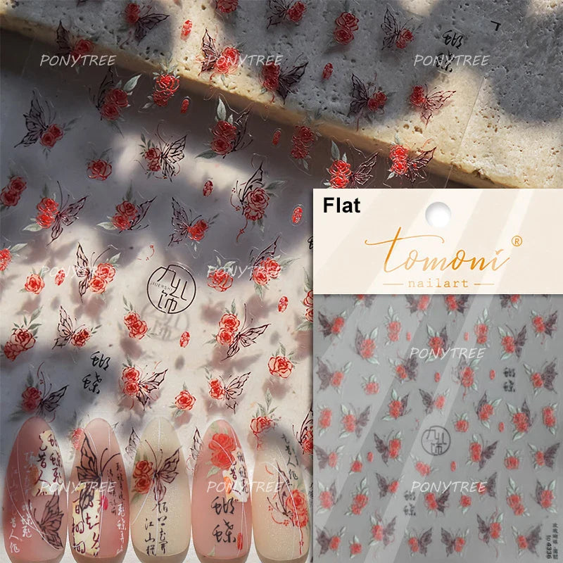 Gradual Asymmetric Butterfly Rose Flower Moon Ancient Poem 5D Reliefs Self Adhesive Nail Stickers JellyManicure Decals Wholesale (Online Order Only)