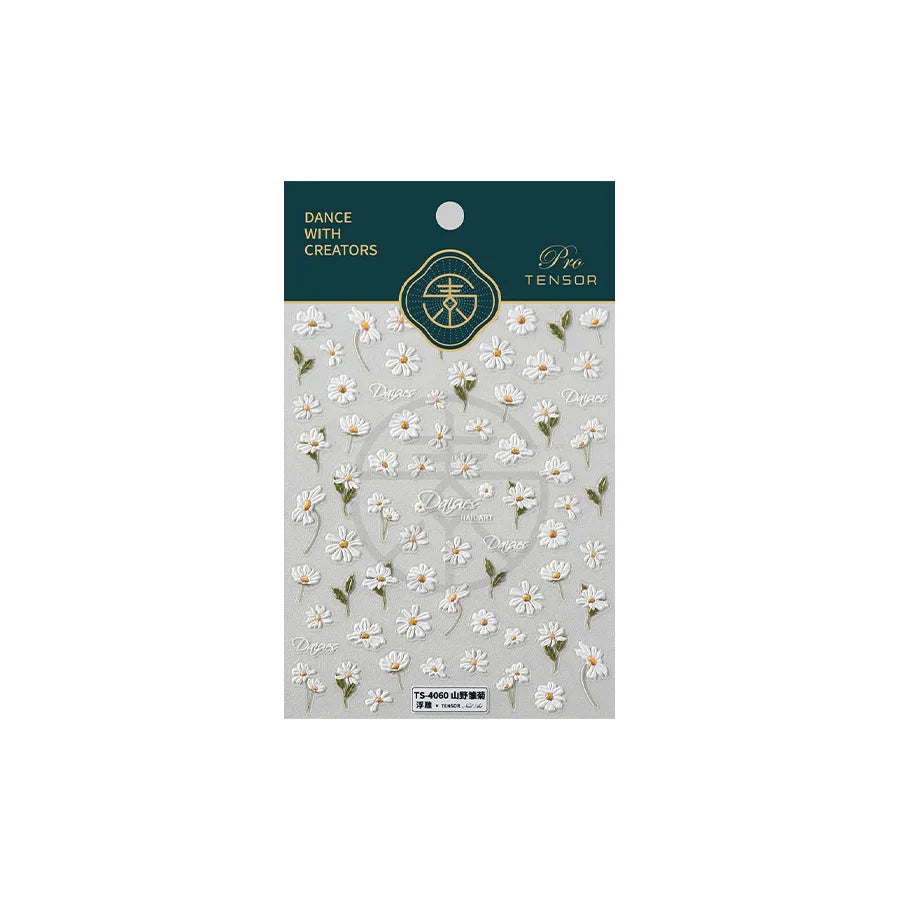 Mountain Daisy Wild Flower Mini Green Leaves White Petal Romantic Embossed Reliefs Adhesive Nail Art Stickers Manicure Decals (ONLINE ORDER ONLY)