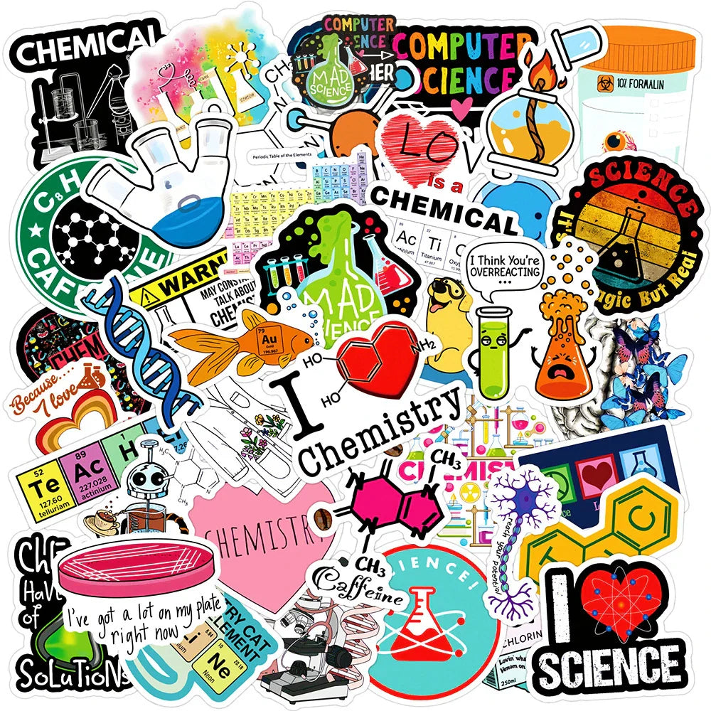 Funny Science Chemistry Biology Stickers - Laptop, Motorcycle, Suitcase, Phone, Car Decoration (10/30/50pcs) (Online Order Only)