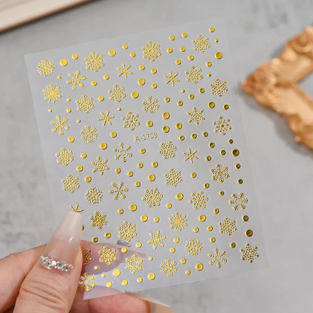 3D Gold Glitter Snowflake Nail Sticker Winter Reflective Elk Star Balloon Christmas Tree Foil Xmas New Year Decal Tips Decoratio (ONLINE ORDER ONLY)