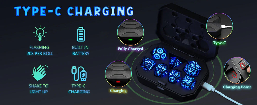 Glowing Rechargable LED Light Up 7 Piece Dice Set With Charging Case (Online Order Only)