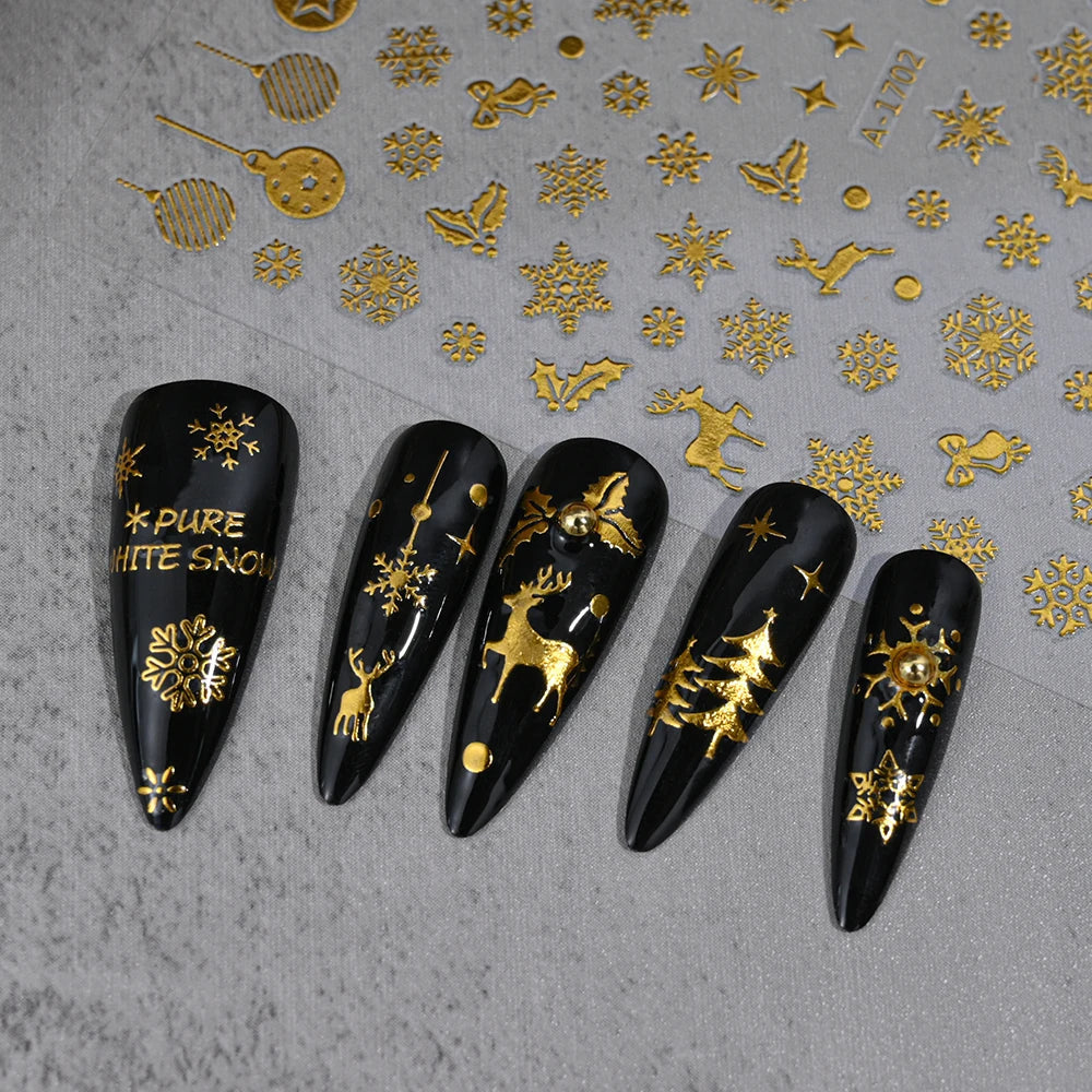 3D Gold Glitter Snowflake Nail Sticker Winter Reflective Elk Star Balloon Christmas Tree Foil Xmas New Year Decal Tips Decoratio (ONLINE ORDER ONLY)