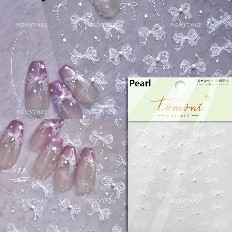 White Pearl Various Bowknot Line Tassel Tender Ribbon Arc Charming Self Adhesive Nail Art Decorations Stickers Manicure Decals (ONLINE ORDER ONLY)