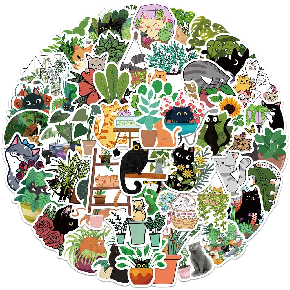 Cartoon Cat Plant Stickers Waterproof PVC Decals for Skateboard, Fridge, Motorcycle, Luggage (ONLINE ORDER ONLY)