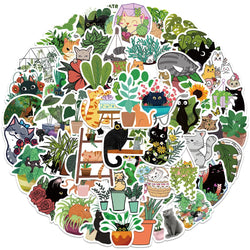 Cartoon Cat Plant Stickers Waterproof PVC Decals for Skateboard, Fridge, Motorcycle, Luggage (ONLINE ORDER ONLY)