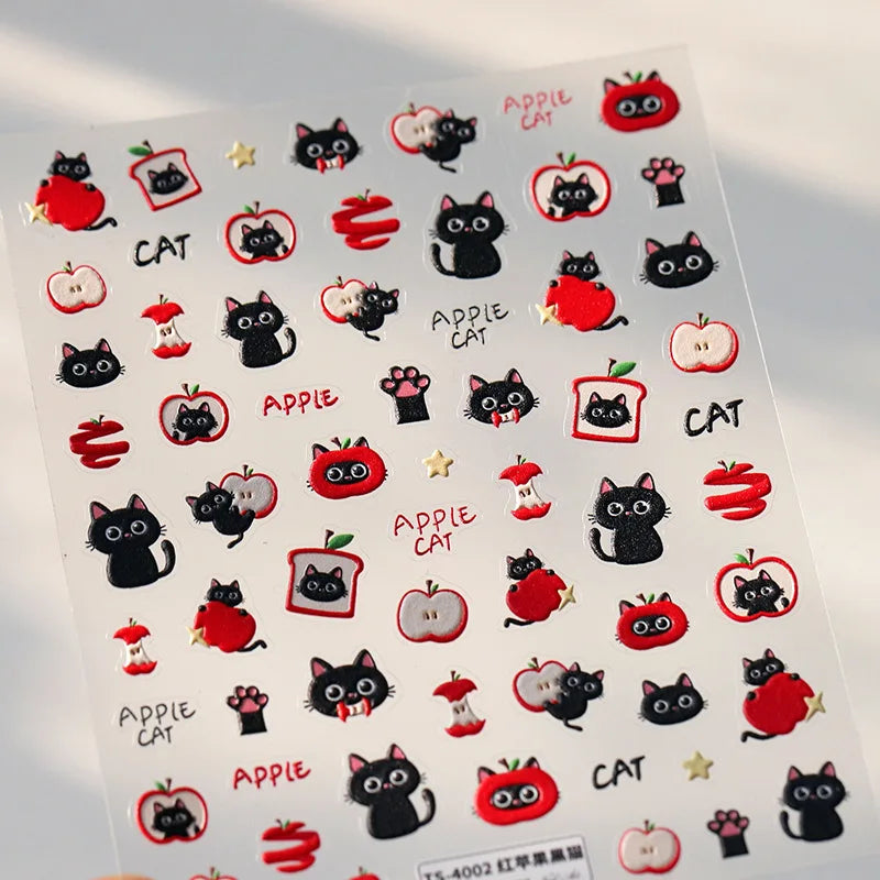 Cute Lovely Red Apple Core Black Kitten Cat's Paw Bread Slices Fruit Star Soft Relief Adhesive Nail Art Sticker Manicure Decals (ONLINE ORDER ONLY)
