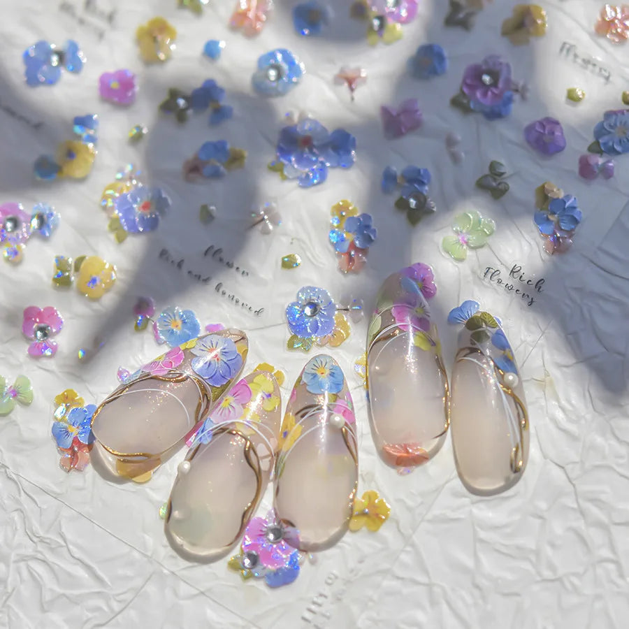 Colorful Embroidery Peony Pearl Full-blown Flower Rhinestone Chinese Luxury Relief Self Adhesive Nail Art Sticker Manicure Decal (Online Order Only)
