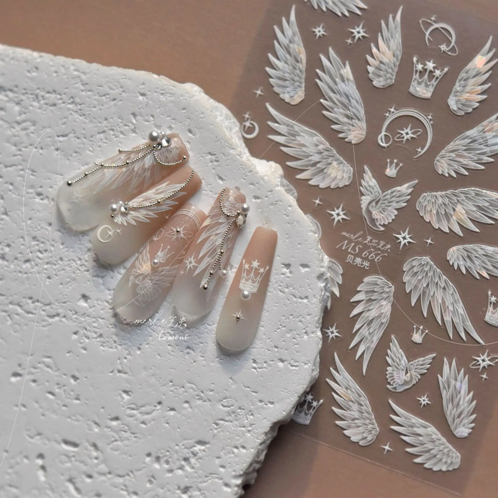 Charming White Shiny Pearl Rhinestone Wings Feathers Crown Moon Stars 3D Self Adhesive Nail Art Sticker Manicure Decal Wholesale (ONLINE ORDER ONLY)