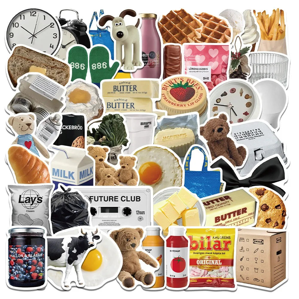 50pcs Ins Style Cartoon Milk Butter Food Stickers Aesthetic Phone Bike Wall Scrapbook Waterproof Sticker for Kids Toys Gifts (Online Order Only)