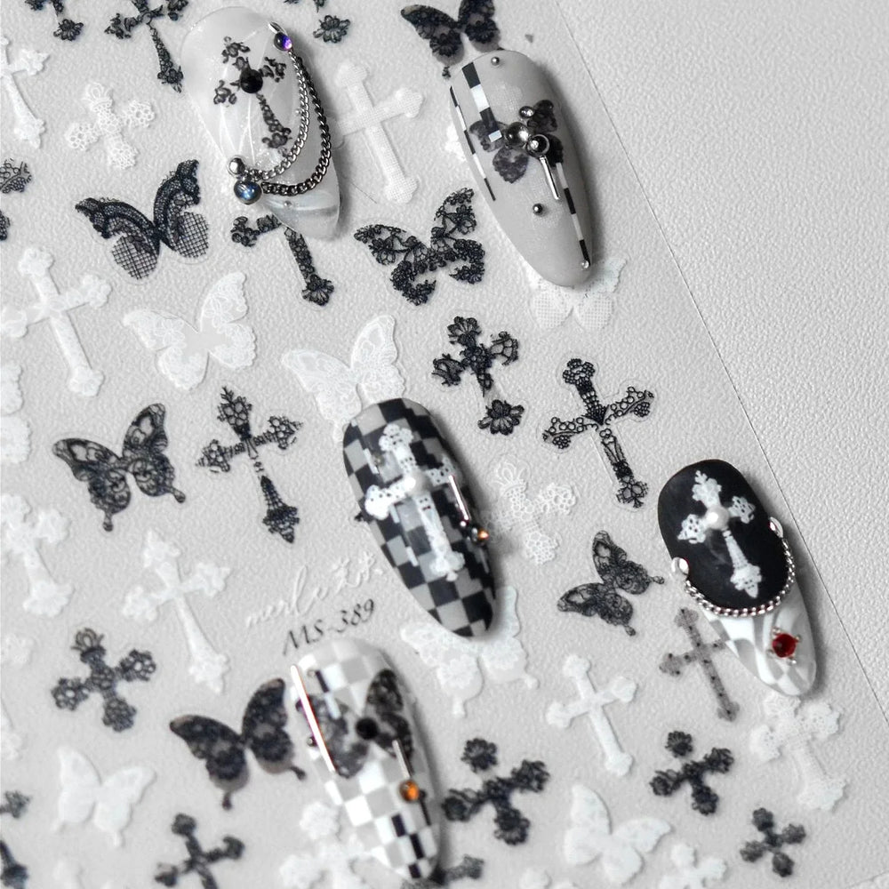 Black White Pearl Lace Butterfly Cross Retro Figure Flower Symmetric Self Adhesive Nail Art Stickers  Manicure Decals Wholesale (ONLINE ORDER ONLY)