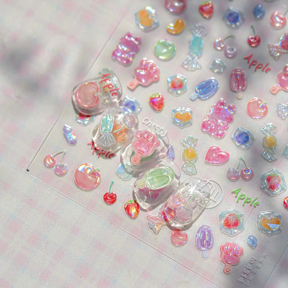 Colorful Fruit Lemon Grapefruit Kiwifruit Candy Popsicle Rabbit Cherry Apple Paw Jelly Adhesive Nail Art Sticker Manicure Decals (ONLINE ORDER ONLY)