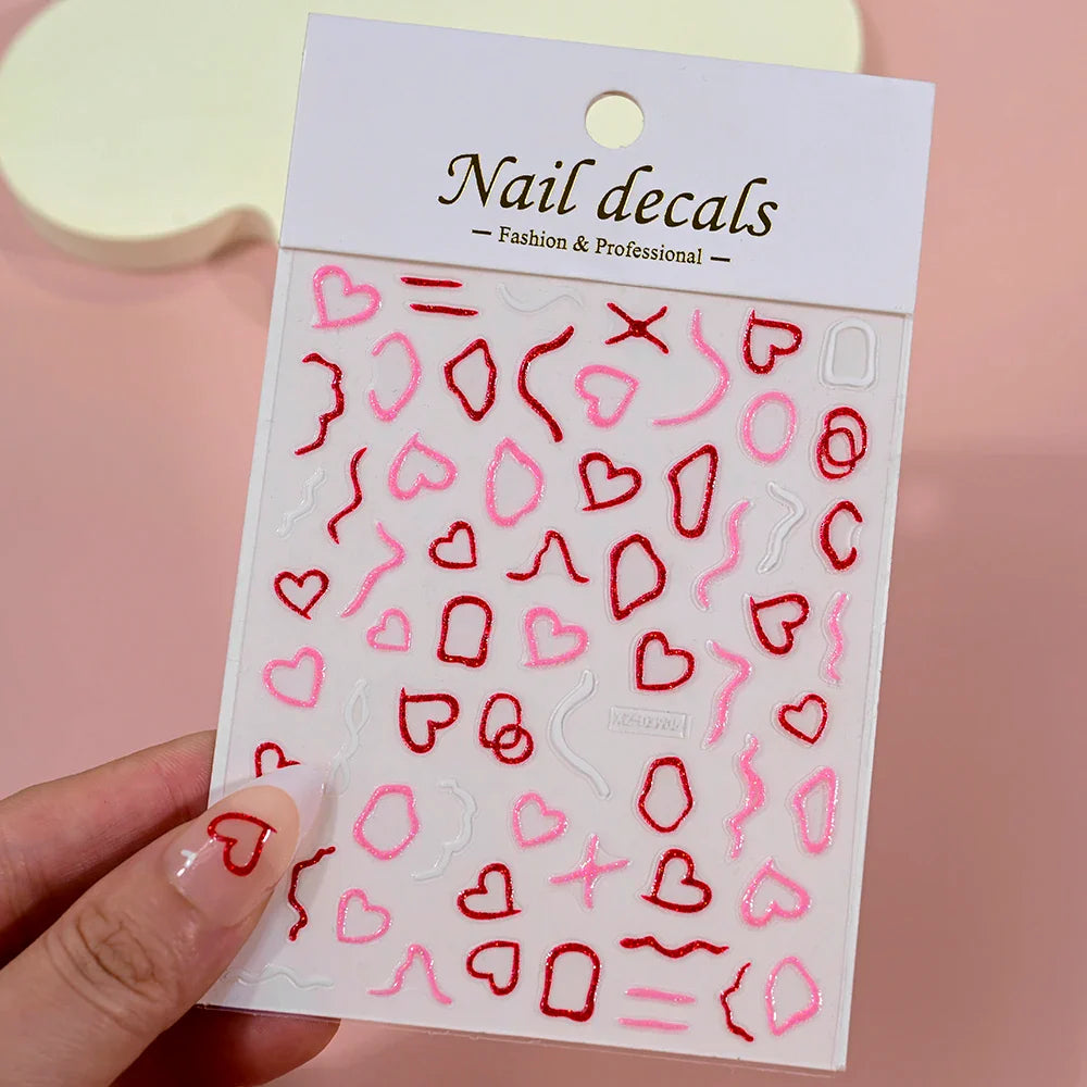 1Pc Red Pink White Heart Bow Nail Art Stickers with Glitter Sequins 5D Self Adhesive Nail Decorations Slider Decals DIY Manicure (ONLINE ORDER ONLY)