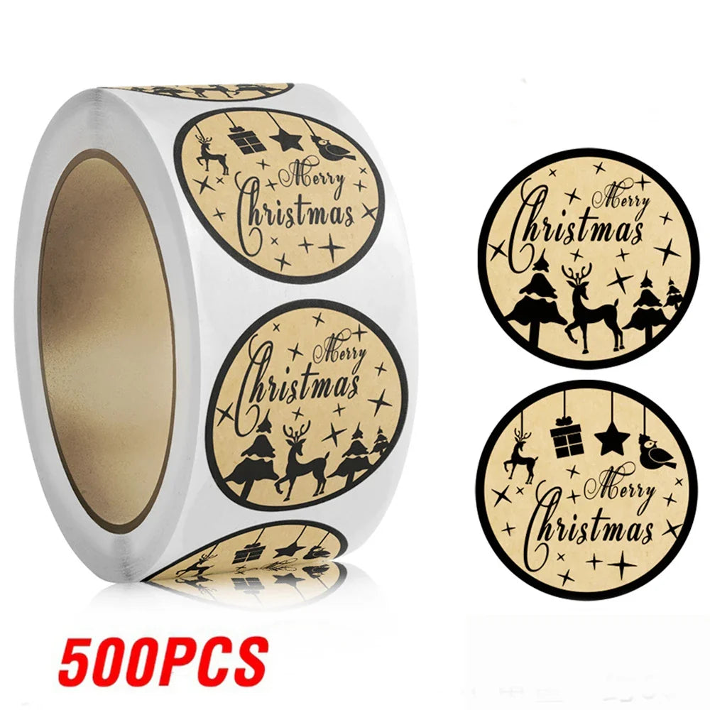 100-500pcs Brown Merry Christmas kraft paper Stickers Holiday Sticker Decor Party bake Envelope business Seal Label (ONLINE ORDER ONLY)