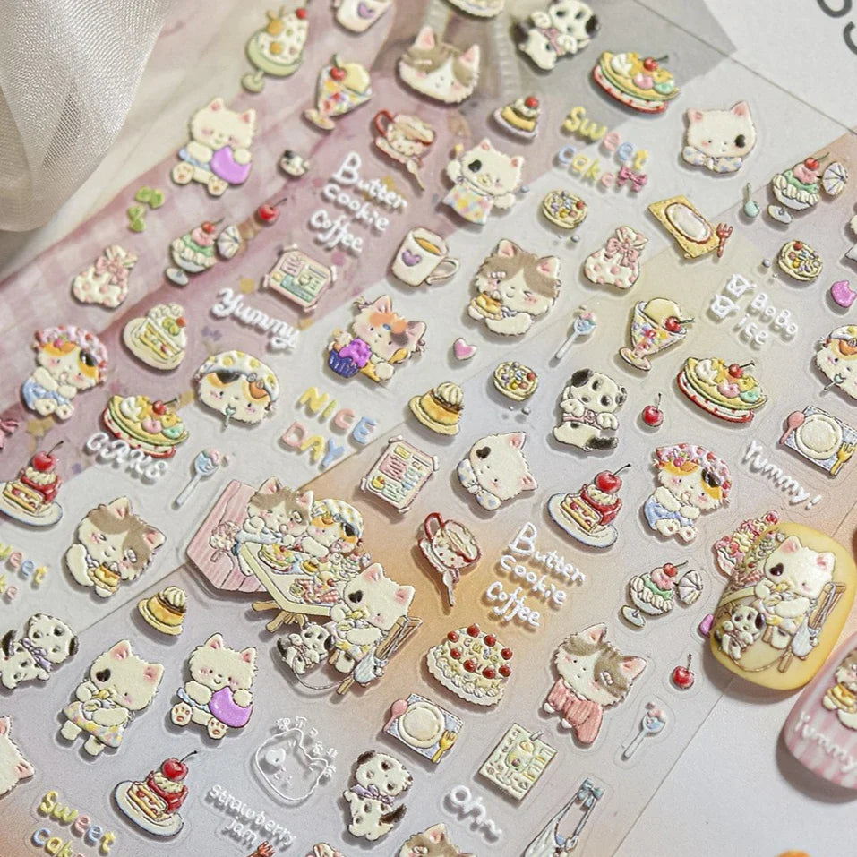Cute Cat Cherry Sweet Cake Dog Butter Cookie Coffee Strawberry Jam Ice Cream Adhesive Nail Art Decoration Sticker Manicure Decal (Online Order Only)