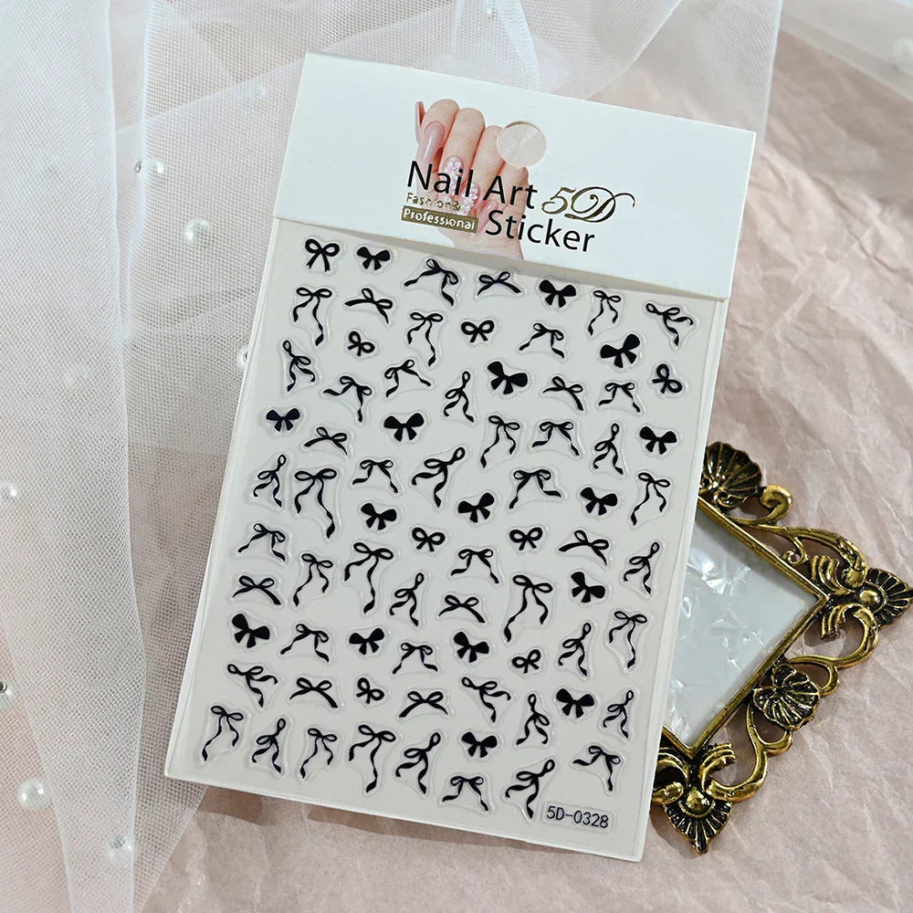 1Sheet Pink/White/Black Bow 5D Nail Art Stickers Bowknot Self-Adhesive Slider Romantic Lace Ribbon Valentine's Manicure Decals * (Online Order Only)