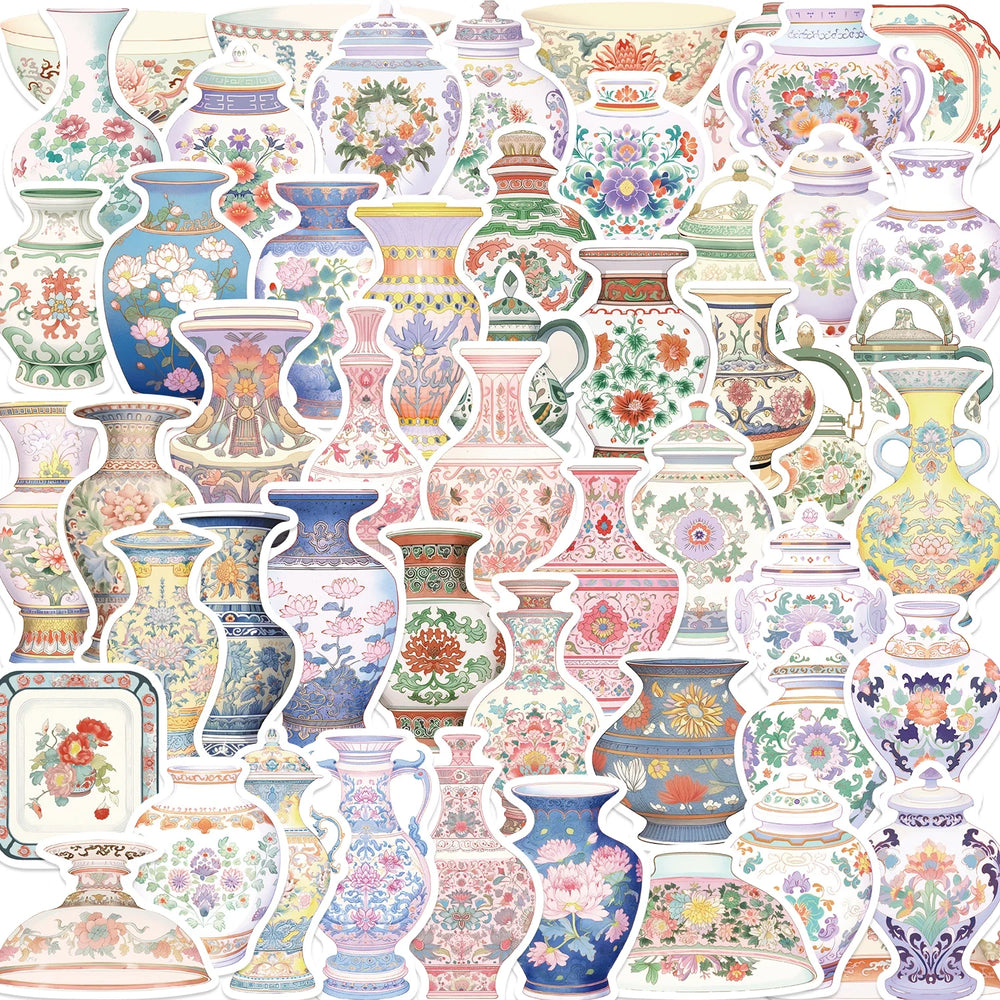 52Pcs Retro Chinese Style Porcelain Design Stickers Self Adhesive DIY Skateboard Guitar Laptop Phone Decals StickerToys (ONLINE ORDER ONLY)