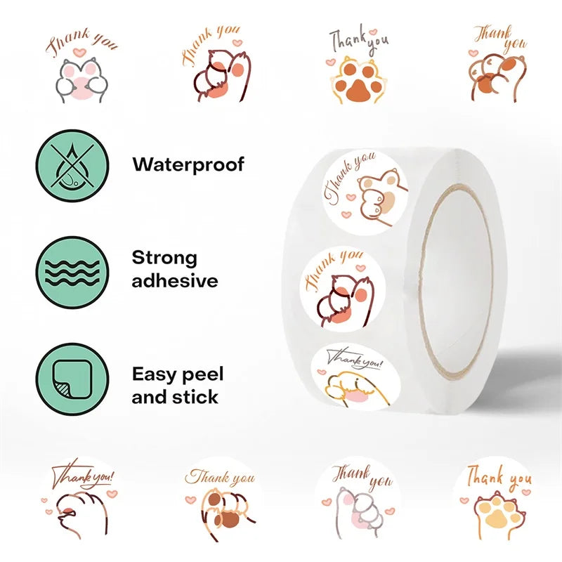 500PCS Cute Cat Claws Paper Labels Thank You Sticker Sealing DIY Decoration Scrapbooking Stationery Hand Accounting Supplies (ONLINE ORDER ONLY)