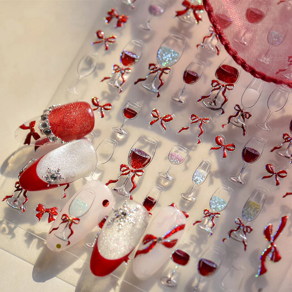 Sexy Red Grape Wine Bowknot Cocktail Goblet Cup Soda Liquid Shiny Sparkling Self Adhesive Nail Art Stickers 3D Manicure Decals (ONLINE ORDER ONLY)