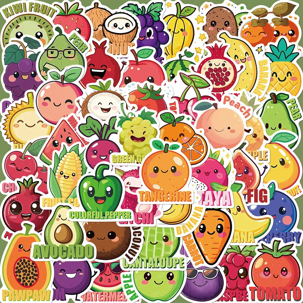 50pcs Cartoon Fruit & Vegetable Graffiti Stickers for Helmet, Wall, DIY Decoration (Online Order Only)