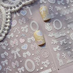 Retro Lace Gird Bowknot Love Heart Flower Leaves Fabric Art Photo Frame Embossed Self Adhesive Nail Art Stickers Manicure Decals (ONLINE ORDER ONLY)