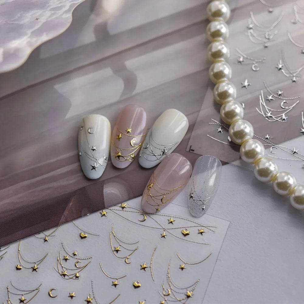 Star Moon Love Heart Curved Line Arc Dreamy Necklace Hanging in The Air Starry Night Adhesive Nail Art Stickers Manicure Decals (ONLINE ORDER ONLY)