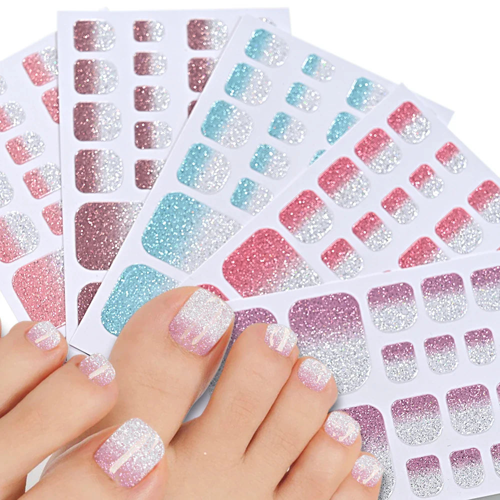 110Pcs 5Sheets Toe Nail Press On Nails Stickers Glitter Gradient Diamond Short Square Shape Toenails Wraps False Toe Nail Patch* (ONLINE ORDER ONLY)